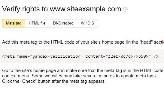 verify ownership with following method( Yandex webmaster)