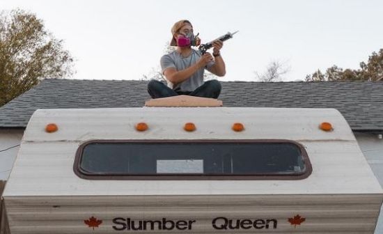 Youtuber Jonathan Yentch renovating his 80s camper van before hitting on road